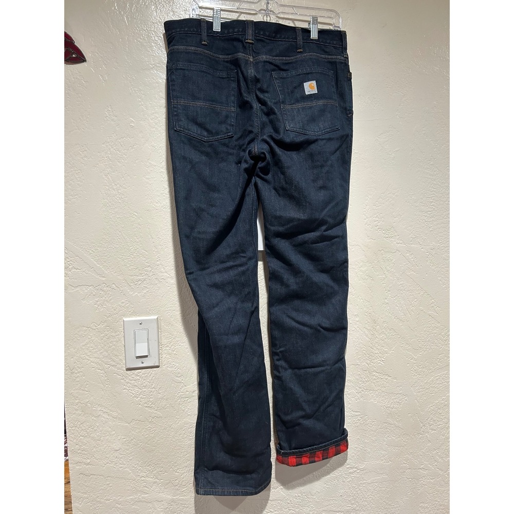 Carhartt Womens Loose Fit Flannel Lined Jeans Dark Wash Indigo 12 Tall Plaid - Picture 2 of 6